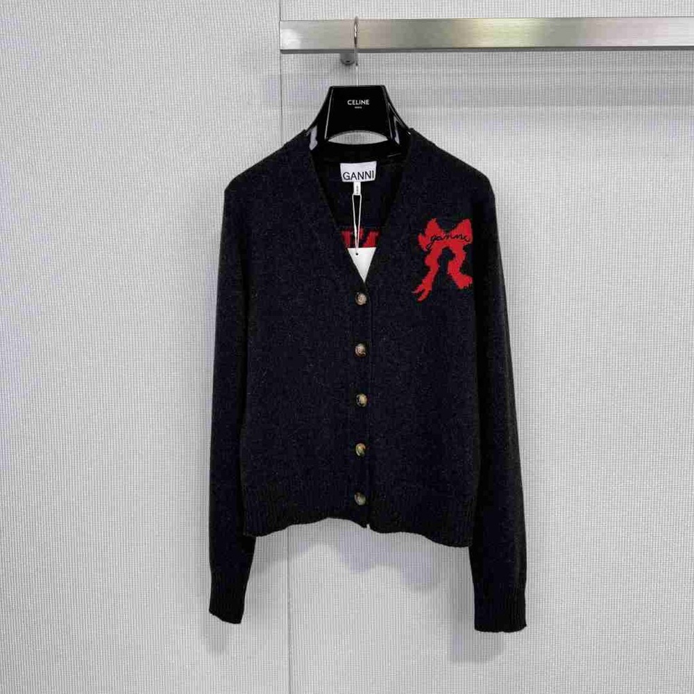 Ganni Black Cardigan with Red Accent